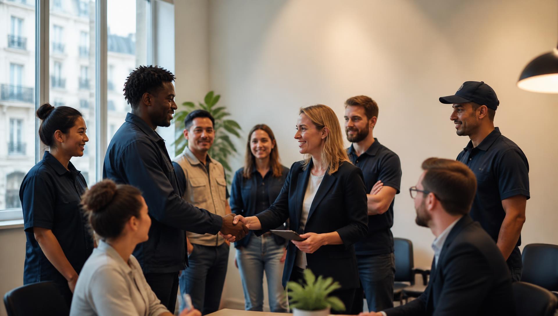 Recruitment consultant welcoming a diverse group of candidates in a Paris agency office